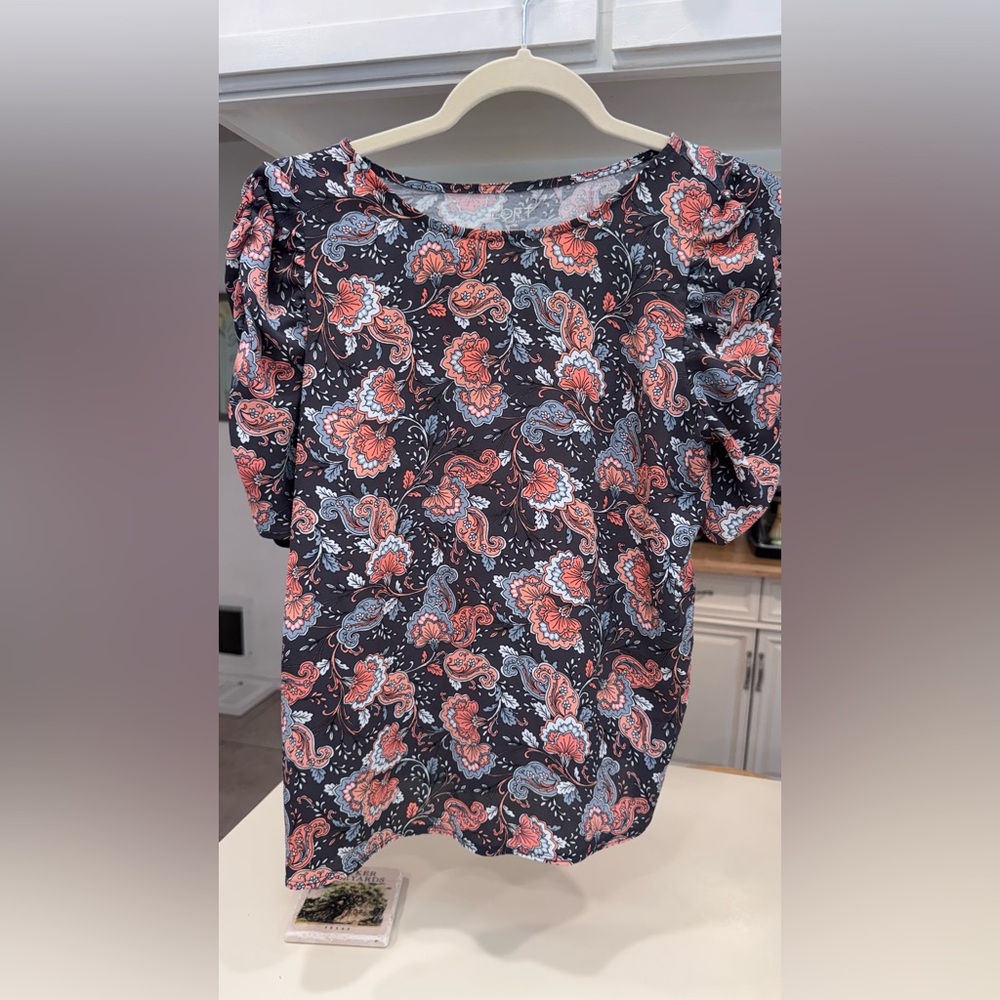 LOFT Paisley Puff Sleeve Blouse - Black and Coral